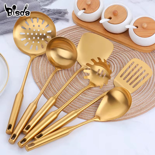 1-10PCS Stainless Steel Cookwarlong Handle Set Gold Cooking Utensils Scoop Spoon Turner Ladle Cooking Tools Kitchen Utensils Set