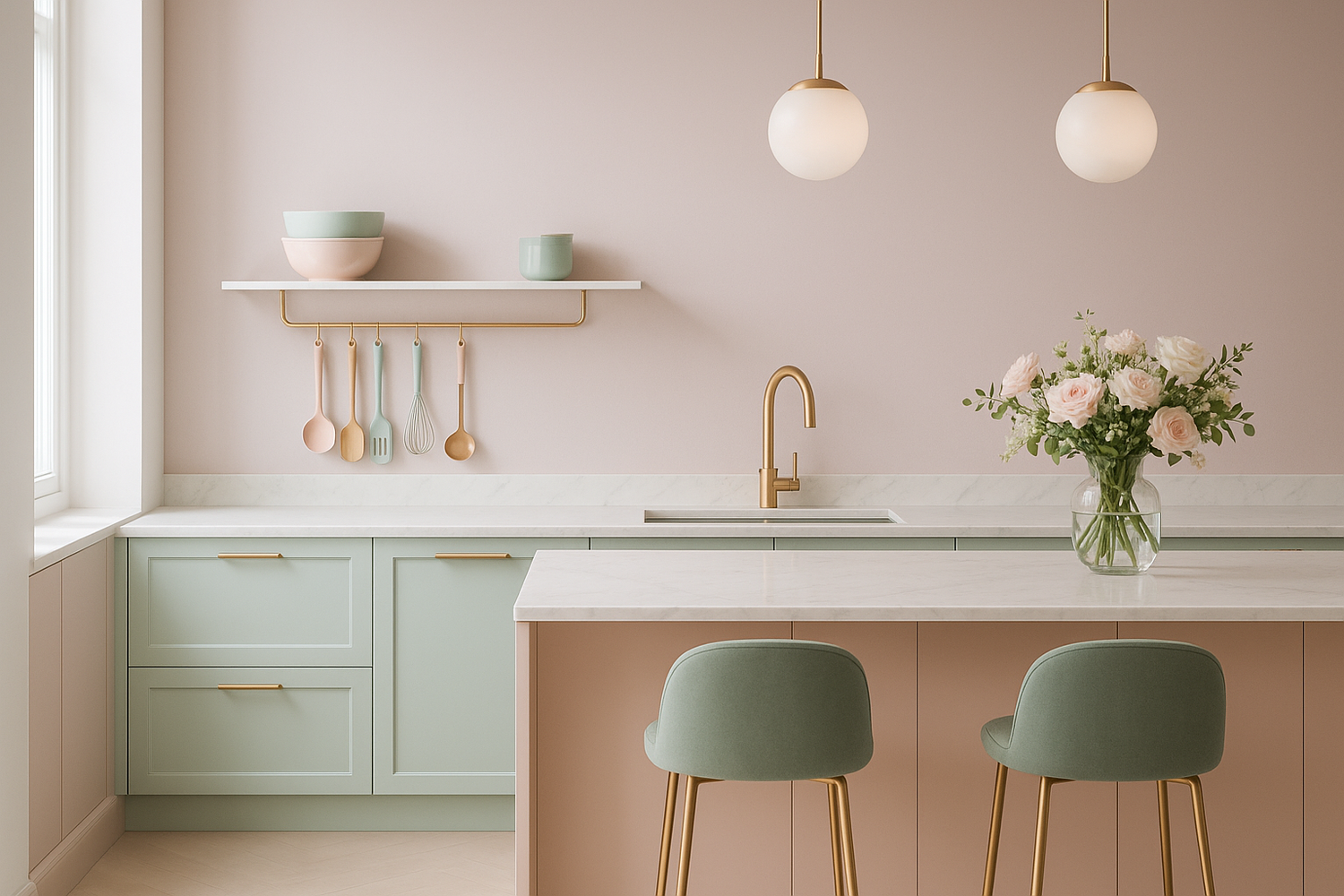 Slick sewxy kitchen with light pastel colours and utensiles